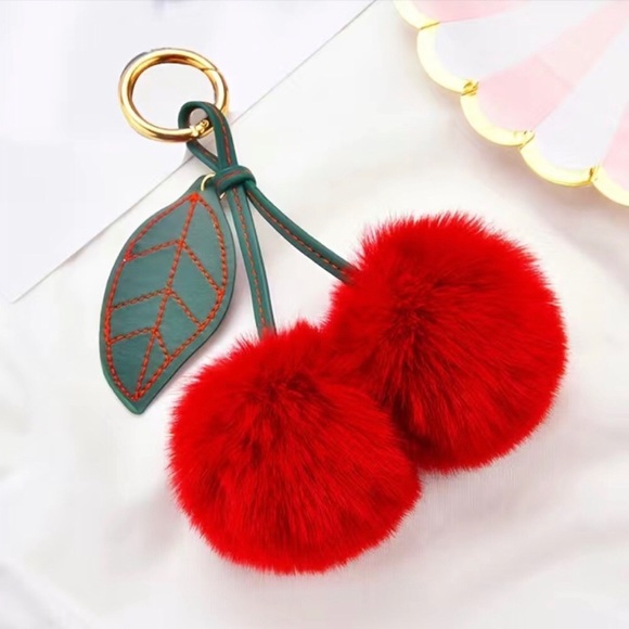 Modern G Accessories - "Juicy Cherries" Fuzzy Keychain Faux Rabbit Fur Purse Charm NWT Stocking Stuffer